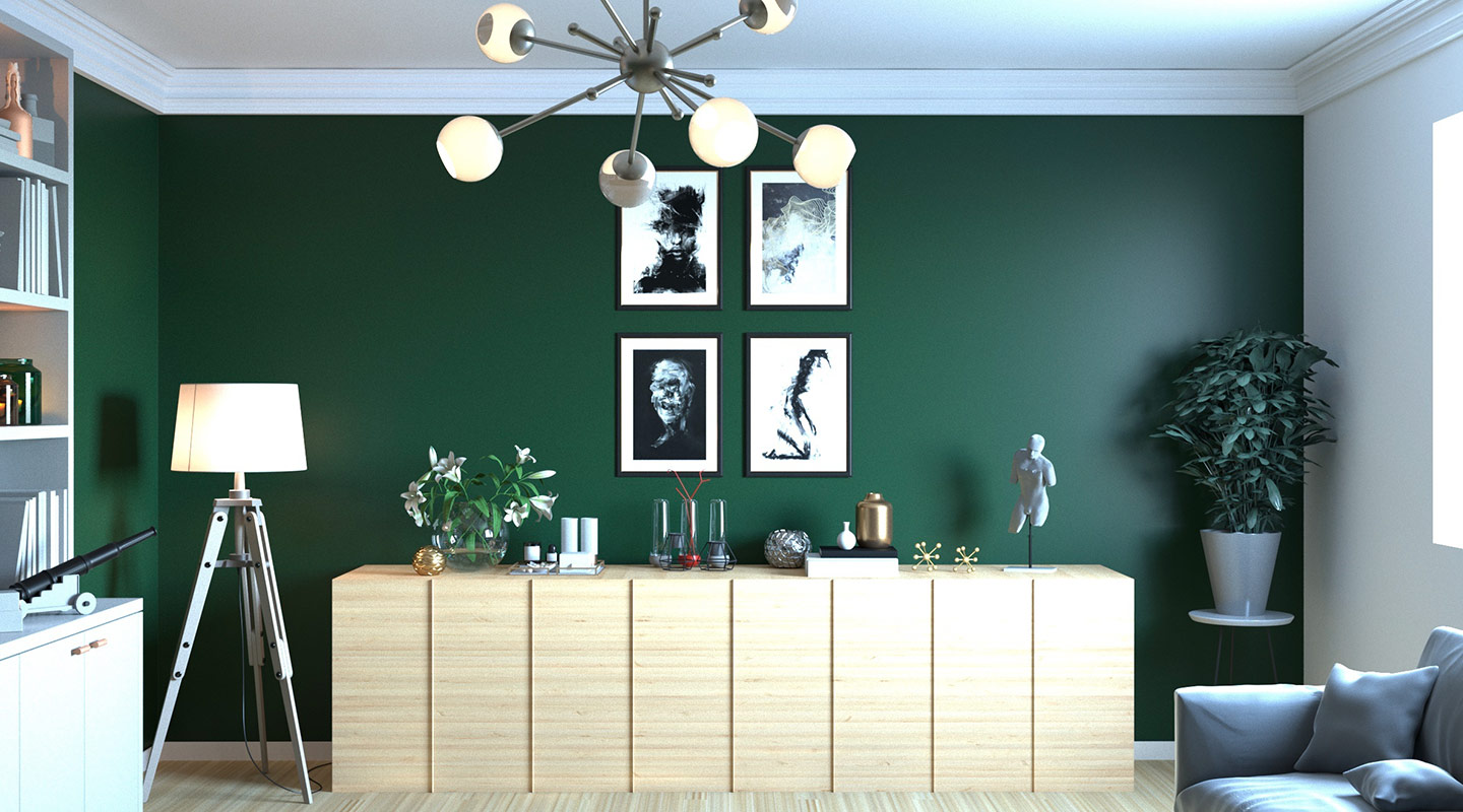 a living room professionally painted green with decor on the walls
